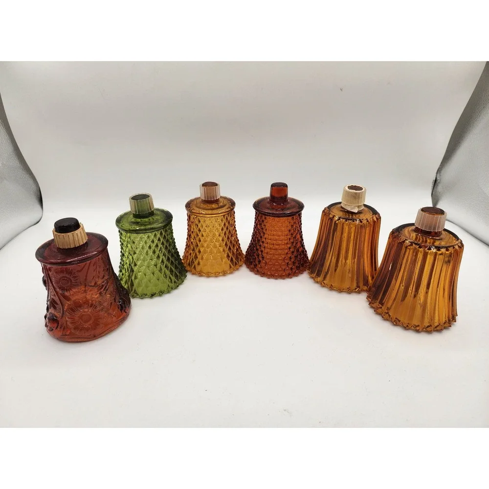 Vintage Votive Cup Peg Candle Holders Amber Green Glass Diamond Hobnail Fluted